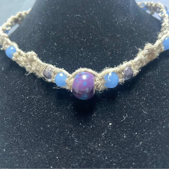 NWT Handmade by Me Macraméd Natural Hemp Purple & Blue Choker Necklace - Picture 2 of 10